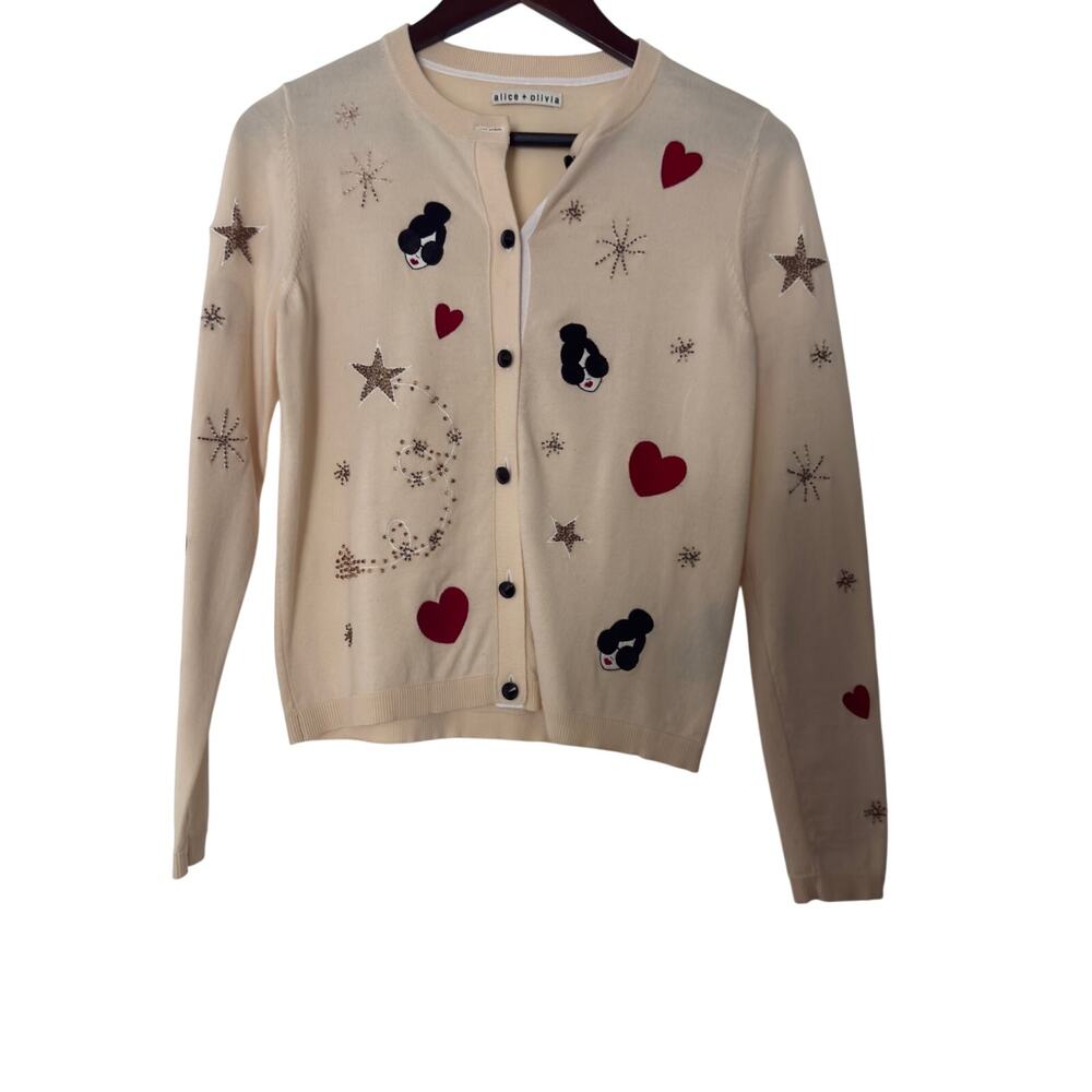 alice + olivia Embellished Cardigan Small Designer Hearts Stars Rhinestone Knit